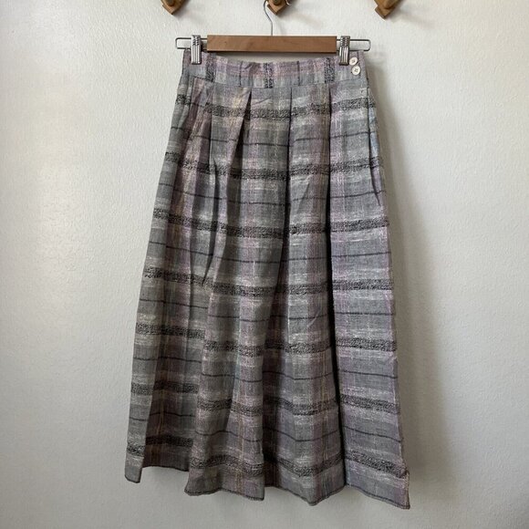 70s Ann Stevens gray purple plaid tweed like a line pleated full‎ skirt midi 26" - Picture 1 of 7